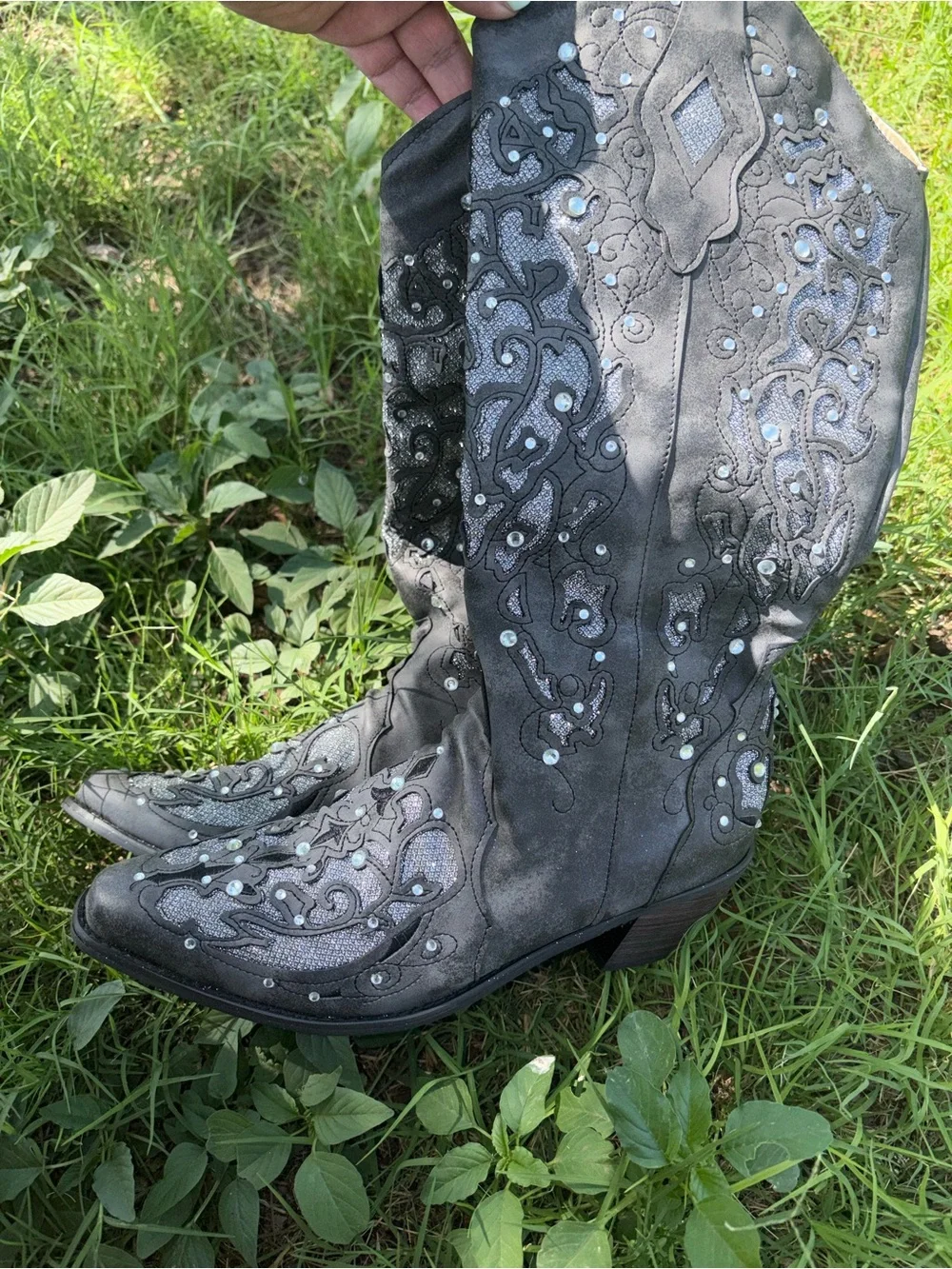 Embellished rhinestone sparkles Dark Grey Wide Calf Women's Tall Western Boot